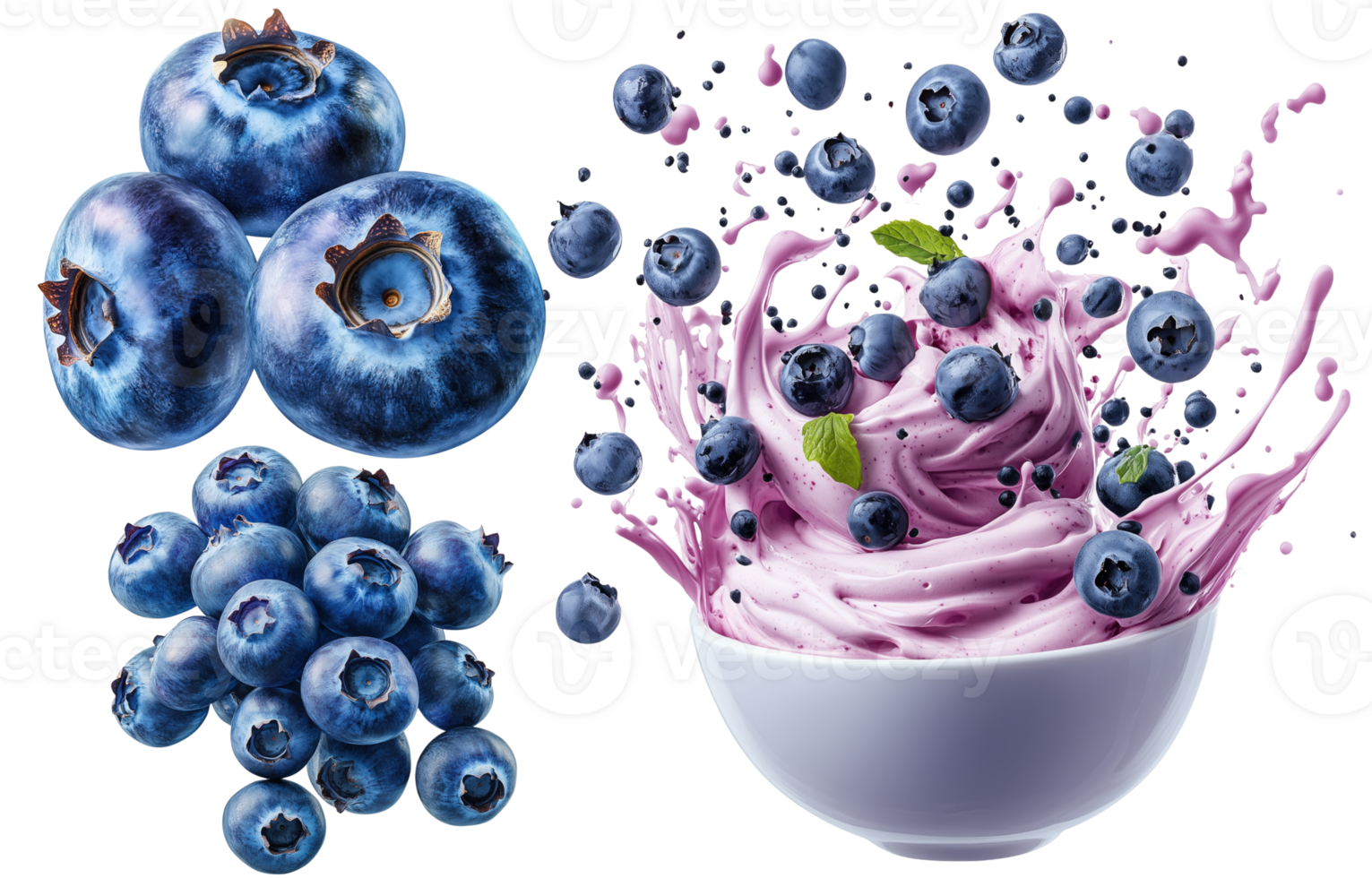 Blueberries and blueberry ice cream set isolated on transparent background for dessert branding and food design png