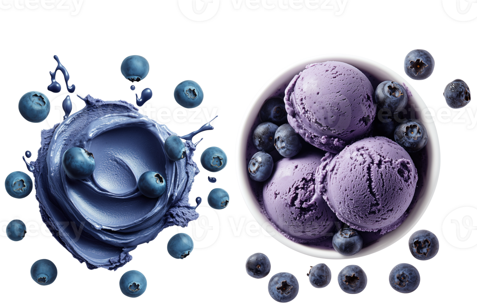 Fresh blueberry fruit and ice cream set isolated on transparent background for menu and package design png