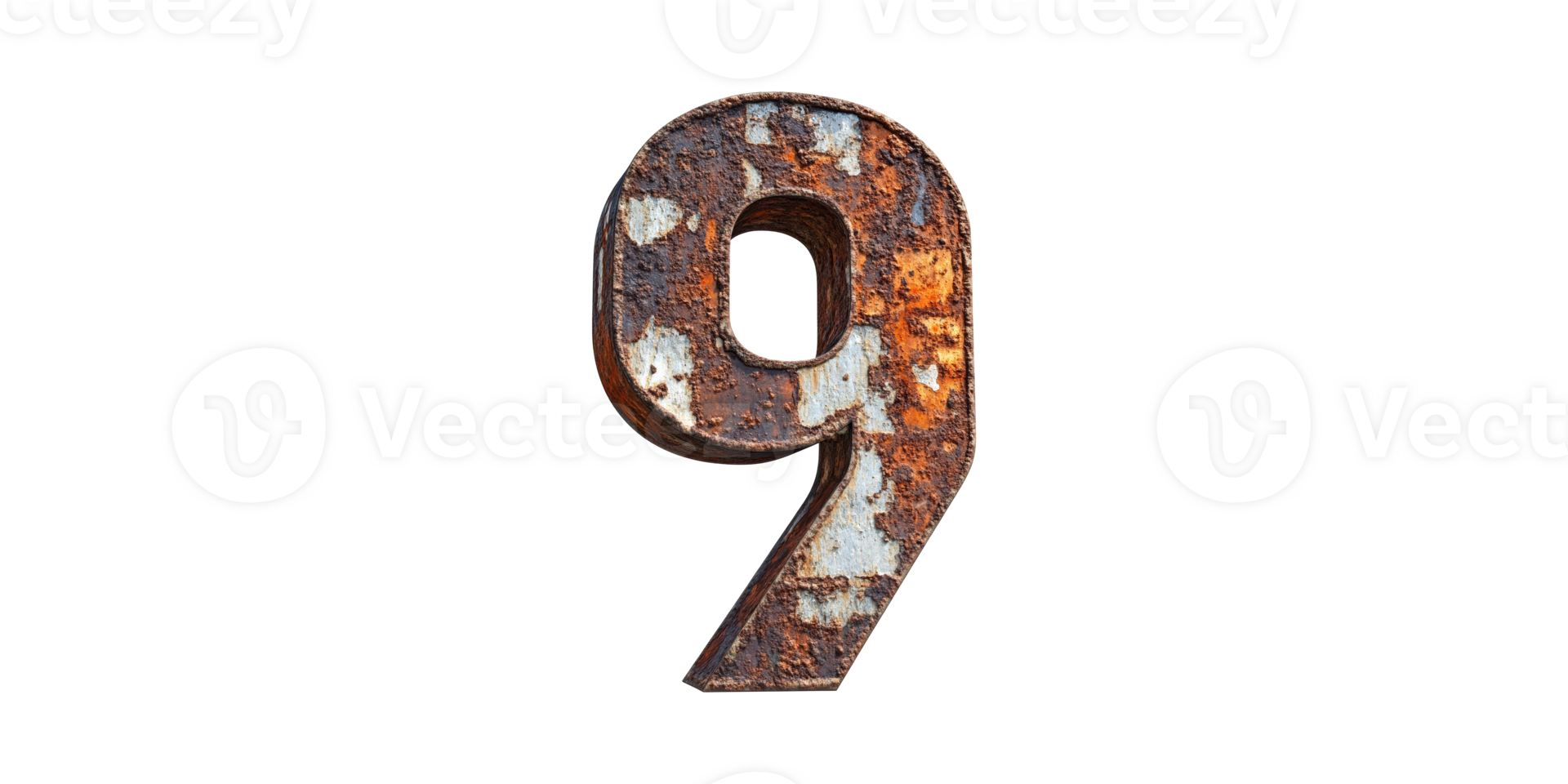 Rusty metal number nine isolated on transparent background png