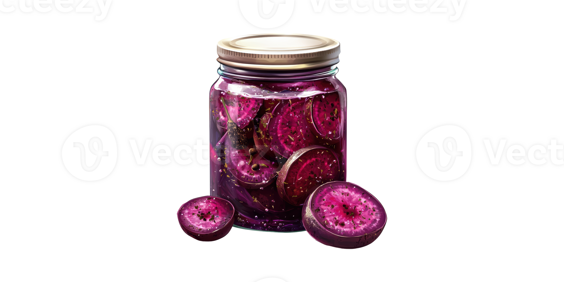Jar of sliced purple fruit preserved in liquid isolated on transparent background png