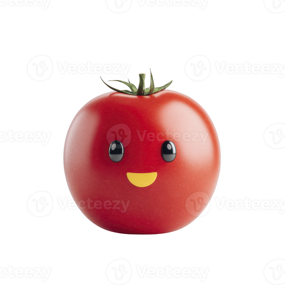 Vibrant red tomato with cute, smiling face and cartoon eyes, creating playful and cheerful expression. tomato is fresh and shiny, with green stem on top png