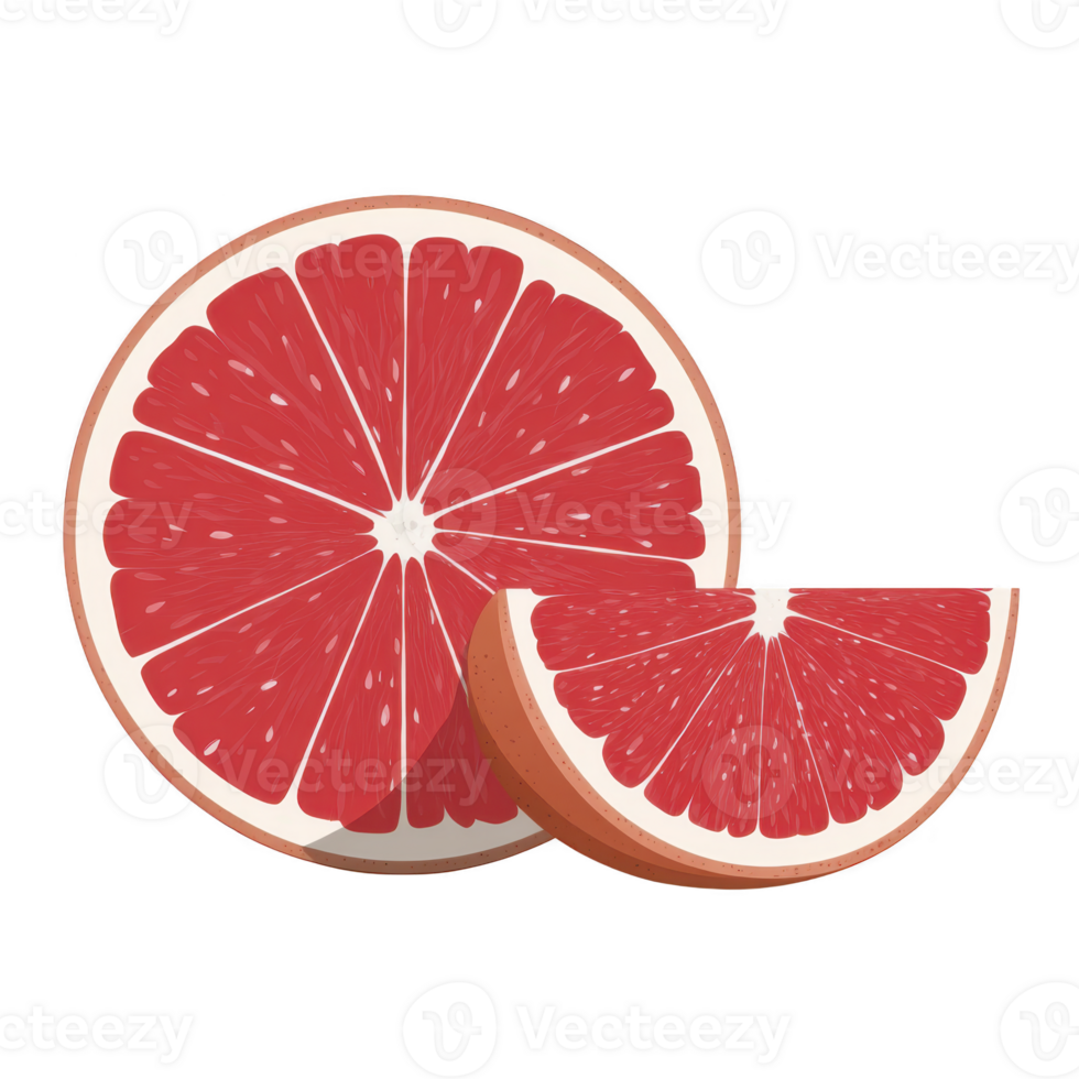 Vibrant illustration of sliced grapefruit showcases its juicy, pink interior. fresh and healthy fruit is depicted with full slice and wedge, highlighting its citrusy appeal png