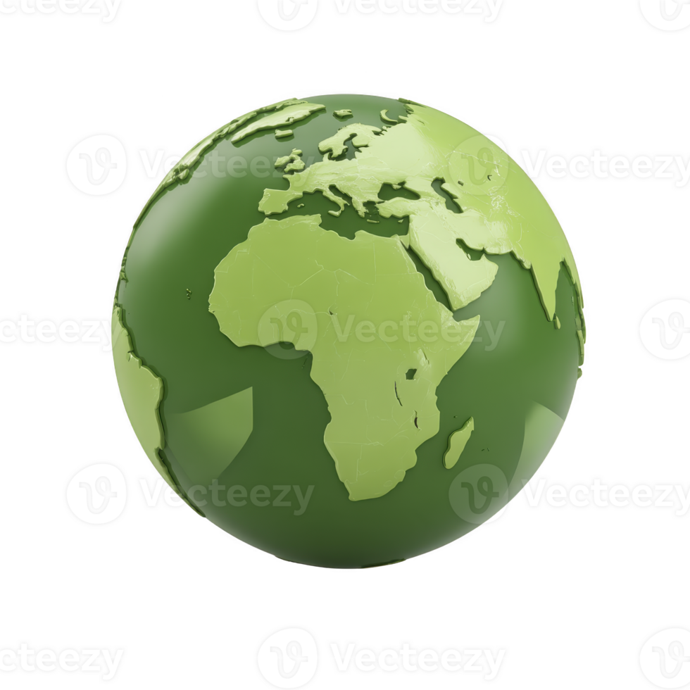 Green globe with focus on Africa and Europe, symbolizing environmental awareness and sustainability. glossy surface adds modern touch, highlighting global unity png
