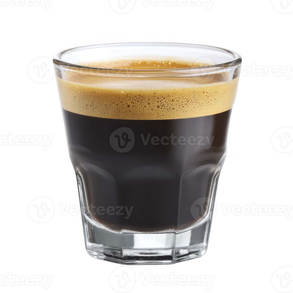 Clear glass filled with rich, dark espresso topped with creamy, golden crema, creating warm and inviting appearance. simplicity of glass highlights espresso deep color png