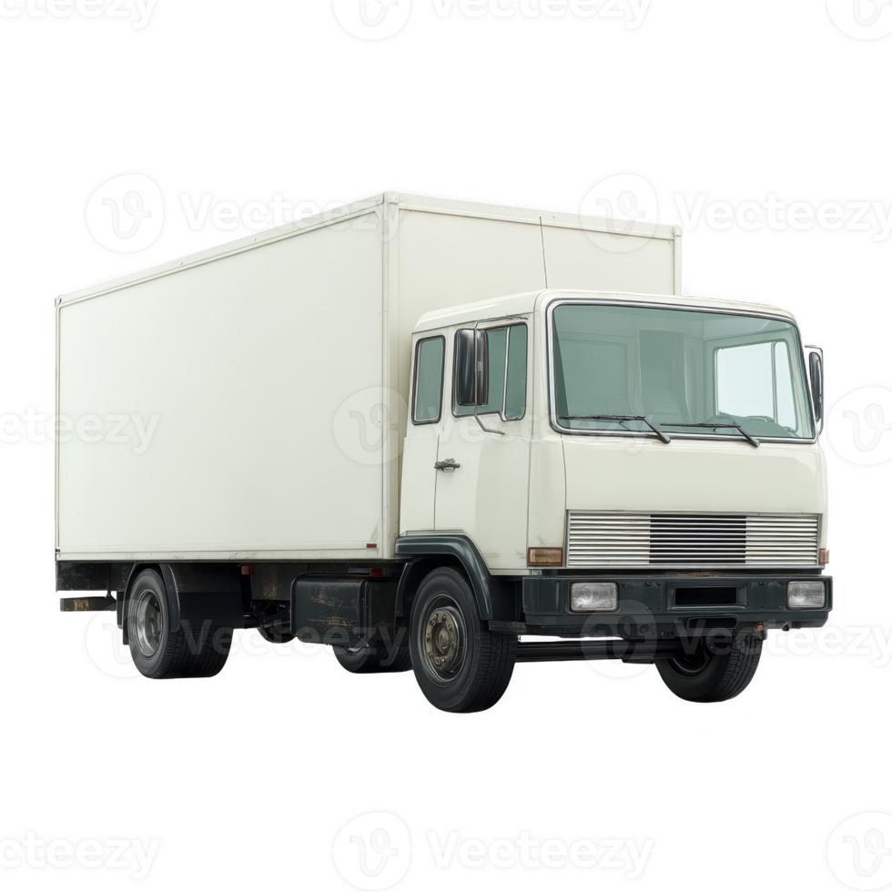 White delivery truck with large cargo area is parked, showcasing its boxy design and sturdy build, ideal for transporting goods. vehicle clean lines and neutral color convey reliability png
