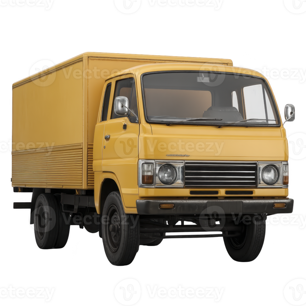 Vintage yellow delivery truck with boxy design and chrome accents, showcasing classic style. vehicle is isolated on transparency background, highlighting its retro charm png