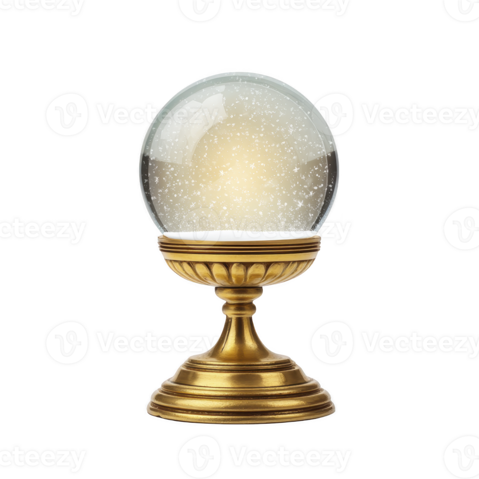 Decorative snow globe with golden base, filled with swirling snowflakes, creates magical and festive atmosphere png