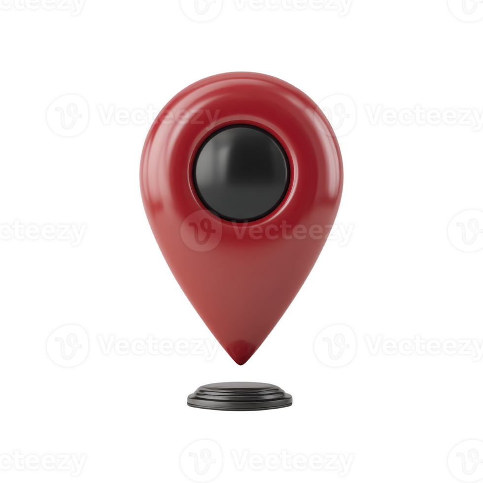 3D red location pin icon with glossy finish stands upright, symbolizing navigation or map markers. design is sleek and modern, with black circular center png