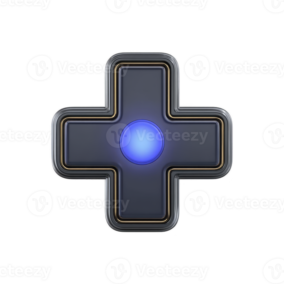 3D digital rendering of blue cross shaped button with glowing center, resembling game controller directional pad. design is sleek and modern, with metallic finish png