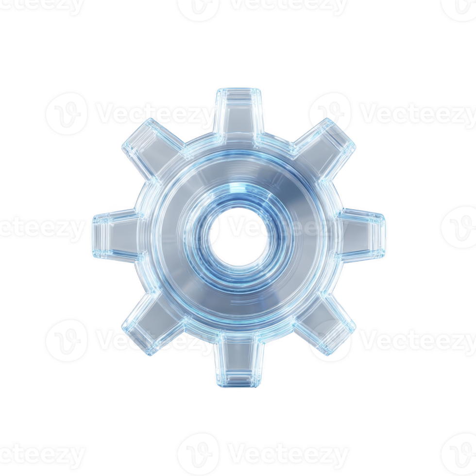 Transparent blue gear with shiny, reflective surface is depicted, showcasing its mechanical design and industrial style. gear intricate details highlight its engineering precision png