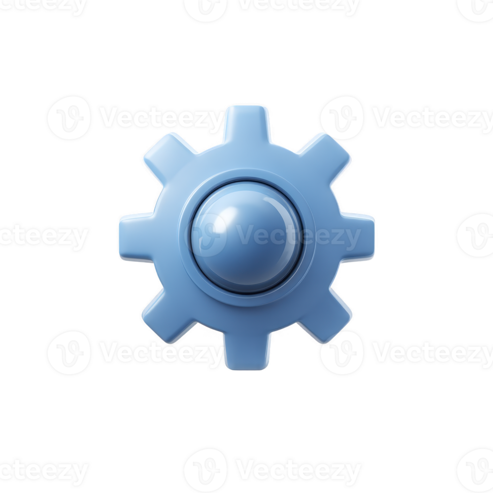 Blue 3D gear icon with glossy finish, featuring central sphere and multiple teeth, symbolizing technology and engineering. design is simple yet modern, conveying sense of innovation png