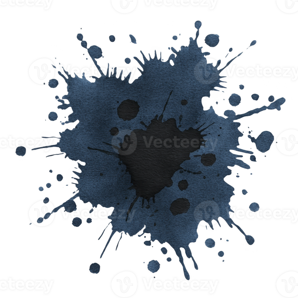 Dark blue watercolor splash with scattered droplets creates abstract and artistic design, perfect for creative backgrounds or artistic projects png