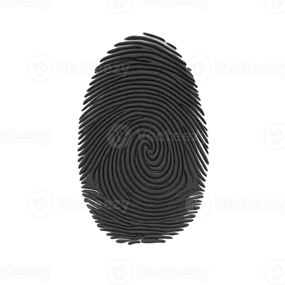Detailed black fingerprint on transparency background, showcasing unique ridge patterns and loops, often used for identification purposes in security and forensic contexts png