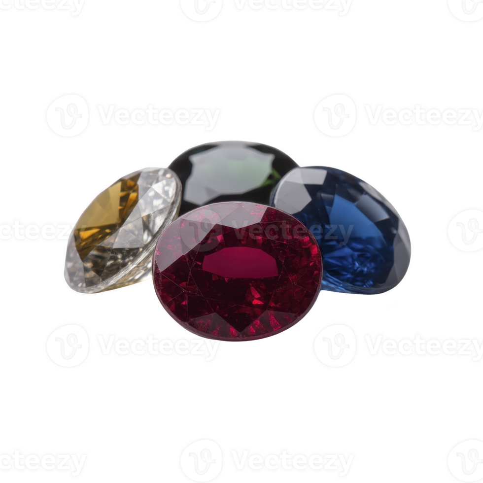 Collection of colorful gemstones including red, blue, yellow, and clear stones, each with faceted cut, displayed against plain background png
