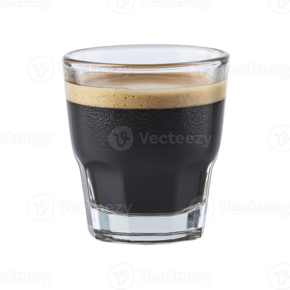 Clear glass filled with rich, dark espresso topped with creamy layer of foam, showcasing perfect coffee experience png