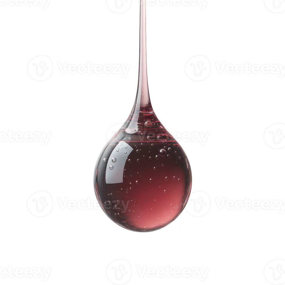 Single droplet of red liquid suspended in mid air, showcasing its glossy surface and air bubbles within, against plain background. image captures elegance and simplicity of droplet png