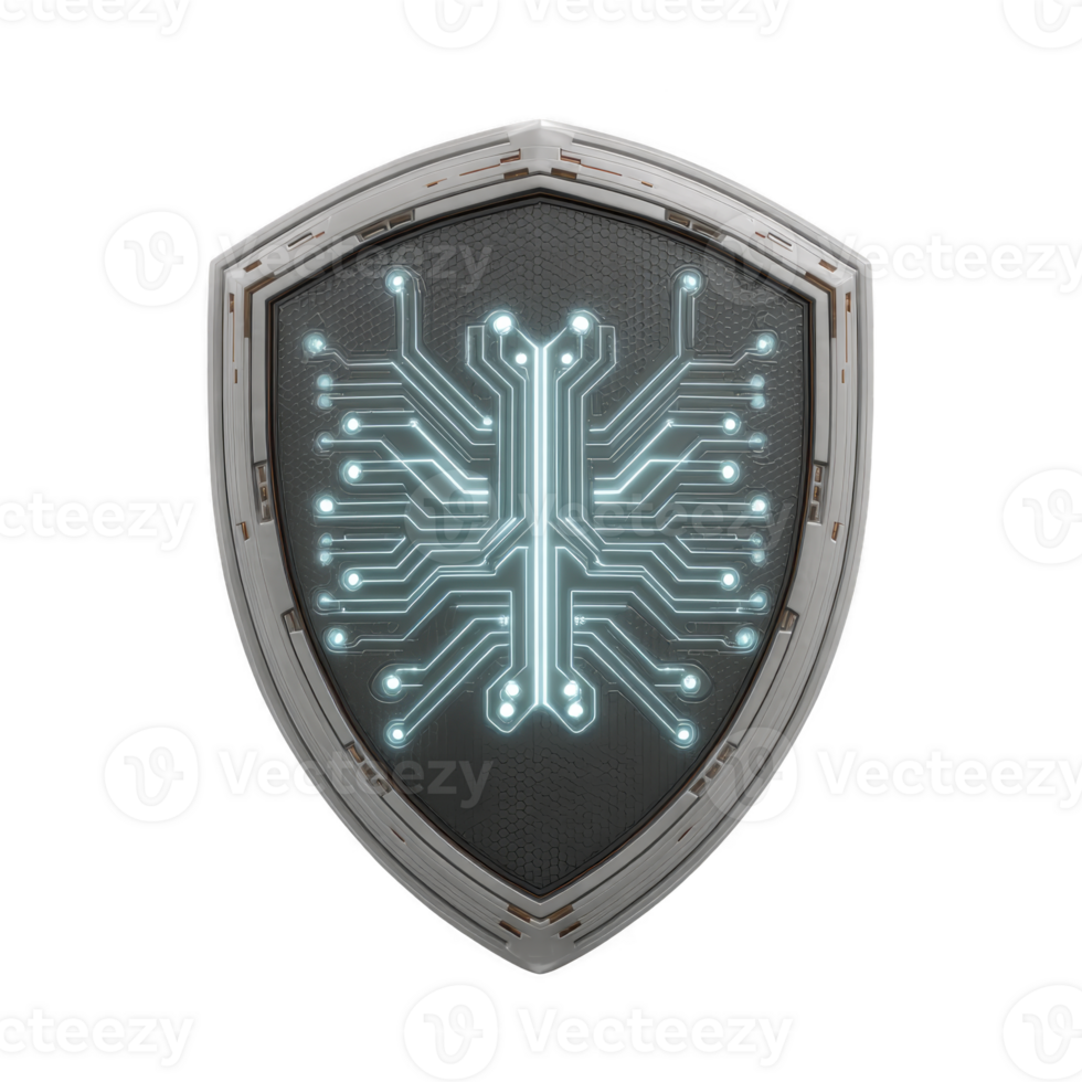 Futuristic shield with glowing circuit pattern symbolizes digital security and protection. metallic design and illuminated circuitry convey sense of advanced technology and cyber defense png