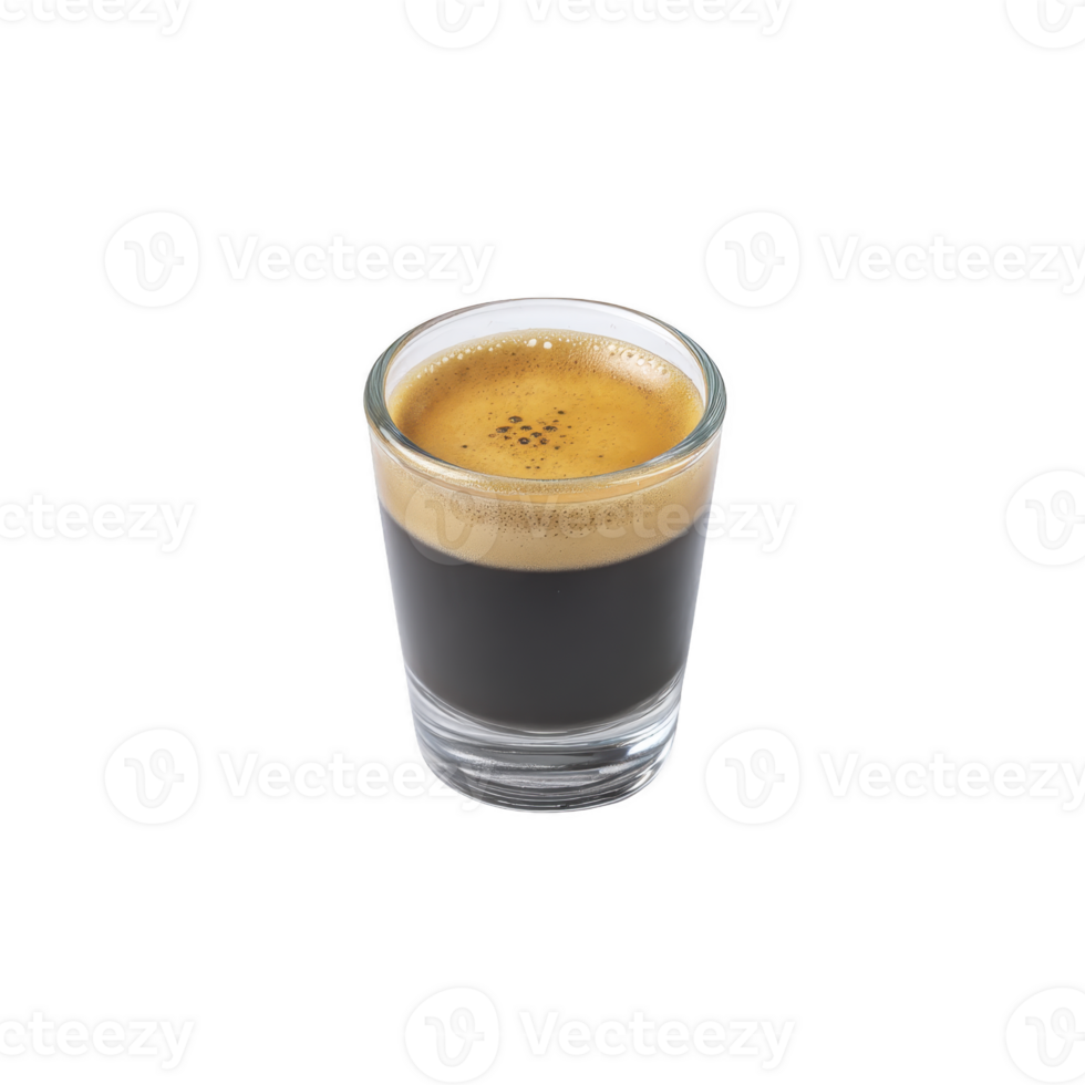 Clear glass filled with rich, dark espresso topped with creamy, golden crema, creating classic and inviting coffee experience png