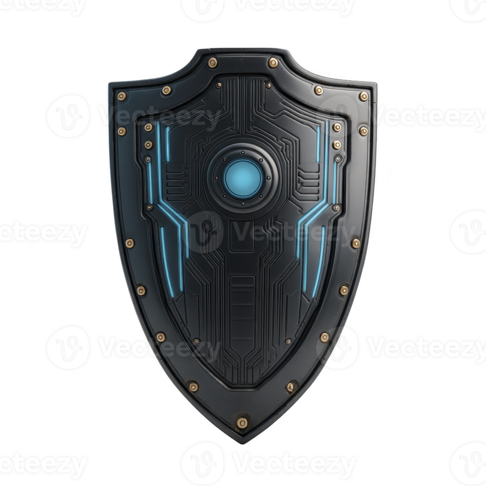 Futuristic shield with sleek black design features intricate circuit patterns and glowing blue center, evoking sense of advanced technology and protection png