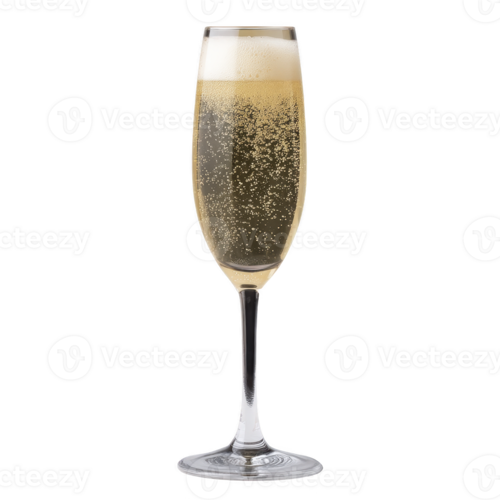 Tall, elegant champagne flute filled with sparkling wine, showcasing cascade of bubbles rising to surface. glass is clear, highlighting golden hue of beverage, perfect for celebrations png