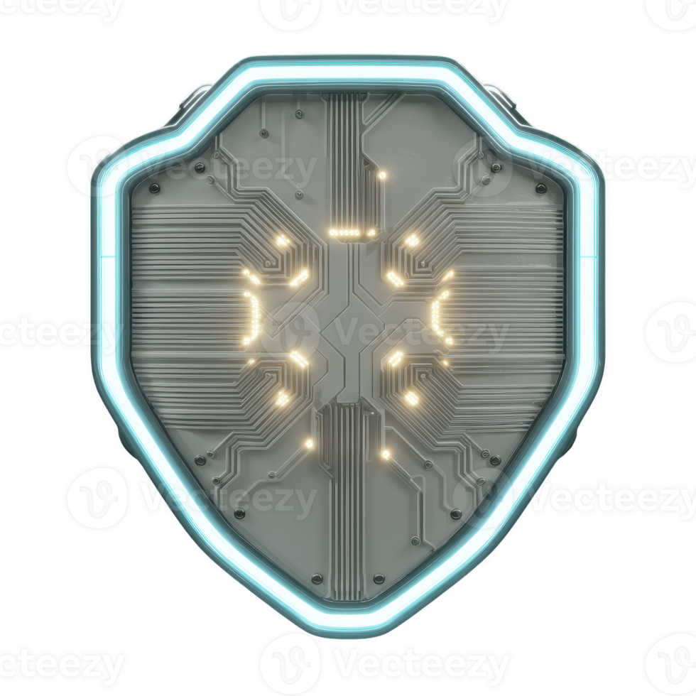 Futuristic shield with glowing circuit patterns and neon blue outline symbolizes advanced technology and cybersecurity. intricate design suggests protection and innovation png