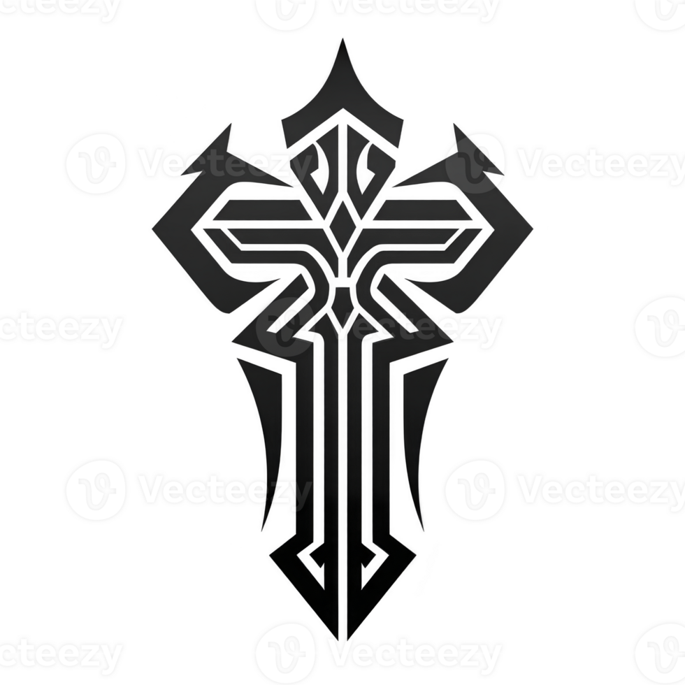 This features stylized black tribal cross design with intricate patterns and sharp edges, creating bold and striking appearance. symmetrical design is both artistic and symbolic.tribal cross design png