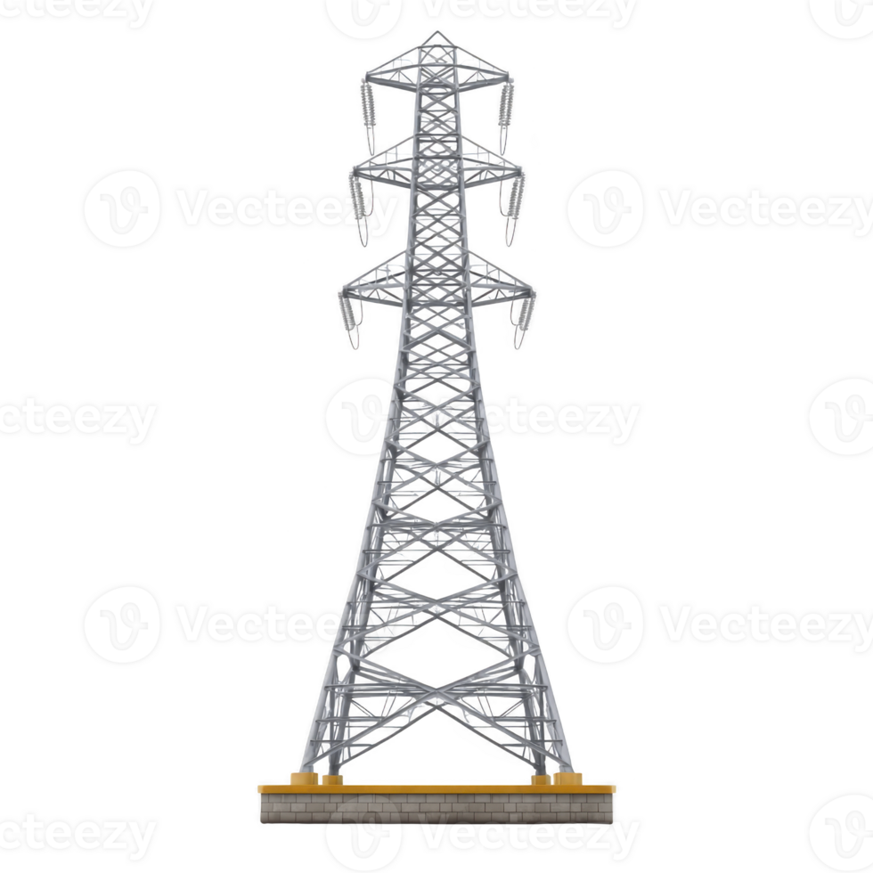 Tall metal electricity transmission tower stands against clear background, showcasing its intricate lattice structure and multiple crossarms designed for power lines png