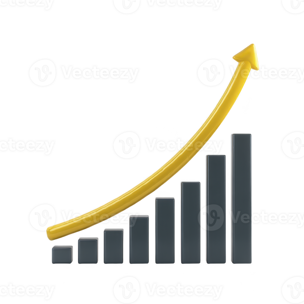 3D bar graph with yellow upward arrow symbolizes growth and success. bars increase in height from left to right, representing positive progress and financial improvement png
