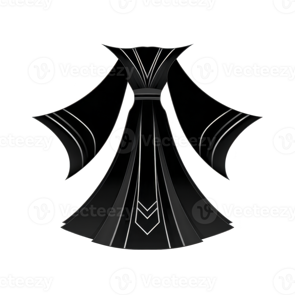 Black, elegant robe with wide sleeves and intricate white patterns, exuding mysterious and sophisticated aura. design is symmetrical and flowing, ideal for formal or ceremonial occasions png