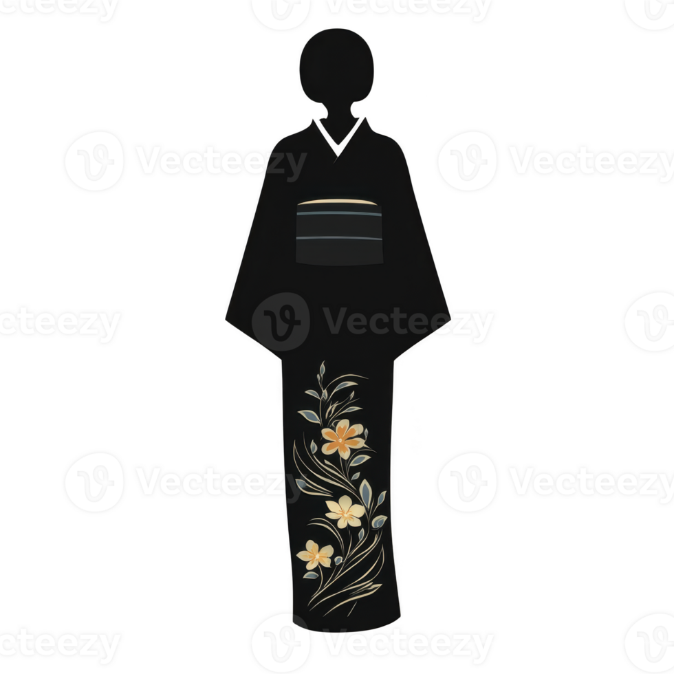 Person wearing traditional black kimono adorned with elegant floral patterns stands gracefully. design features delicate yellow flowers and green leaves, adding touch of sophistication png