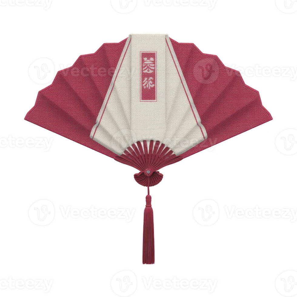 Decorative red and white folding fan with intricate patterns and tassel, showcasing traditional design elements. fan is elegantly crafted, reflecting cultural artistry png