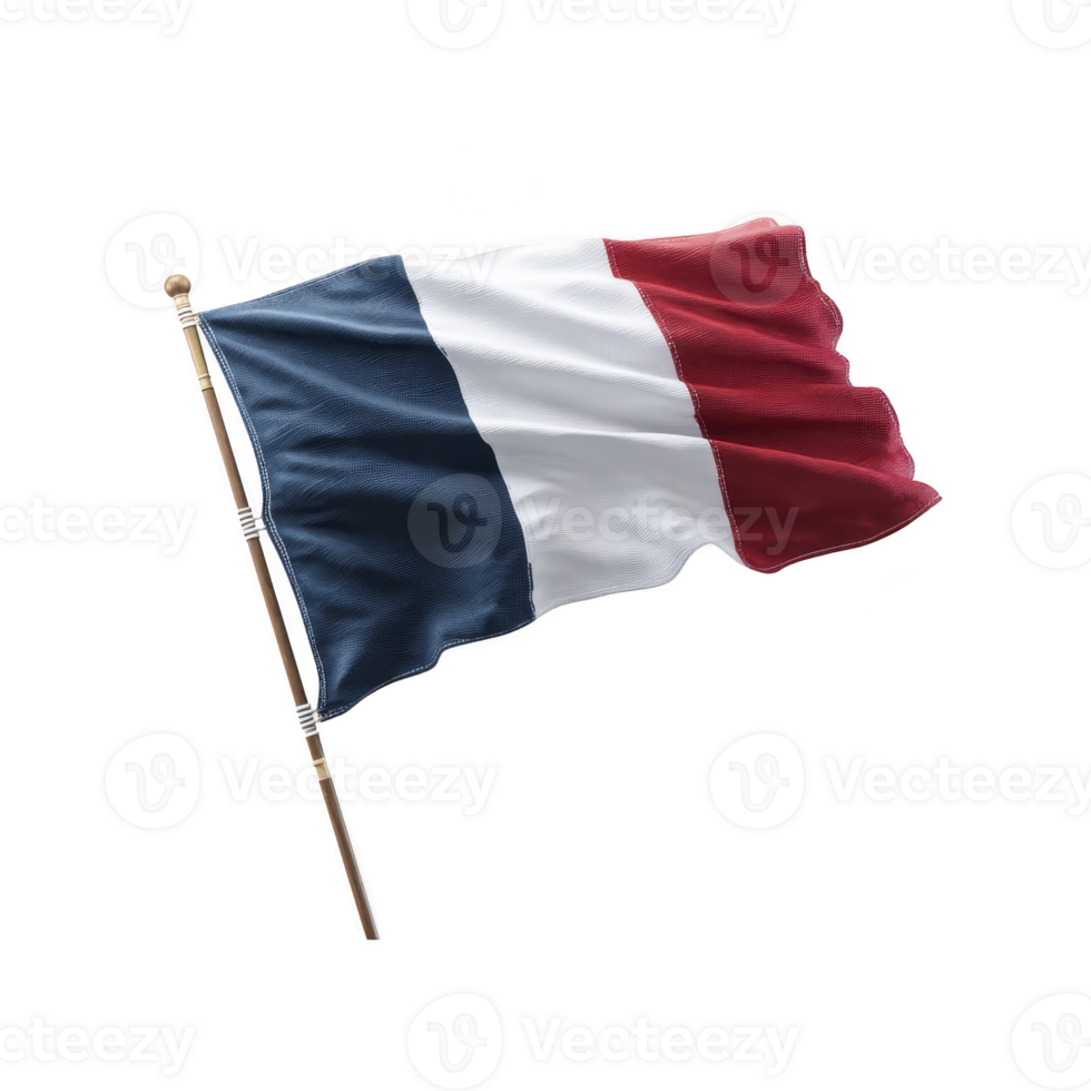Image shows waving French flag with blue, white, and red vertical stripes, symbolizing France. flag is attached to pole, fluttering in wind png