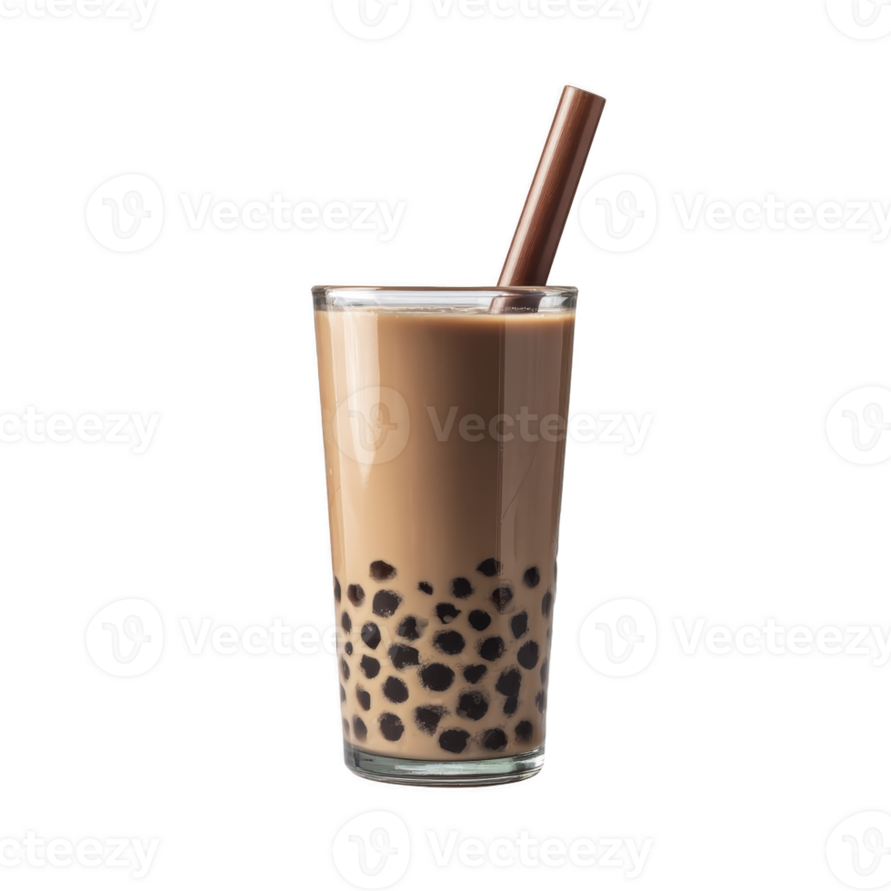 Tall glass of delicious bubble tea with brown straw, filled with creamy milk tea and chewy tapioca pearls, creating refreshing and sweet beverage experience png