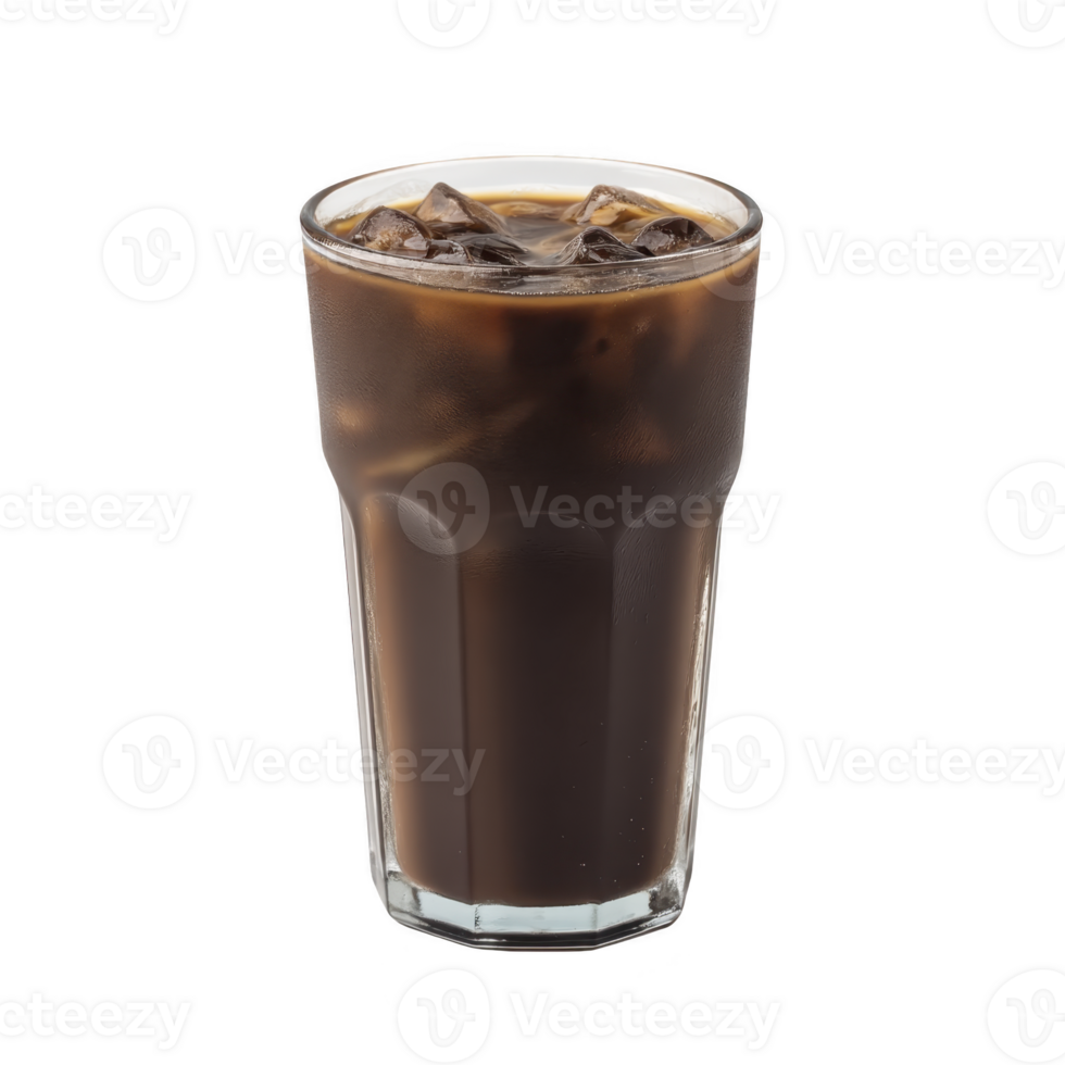 Tall glass of iced coffee filled with ice cubes, showcasing refreshing and energizing drink. dark, rich color of coffee contrasts with clear glass, highlighting its cool and inviting appearance png
