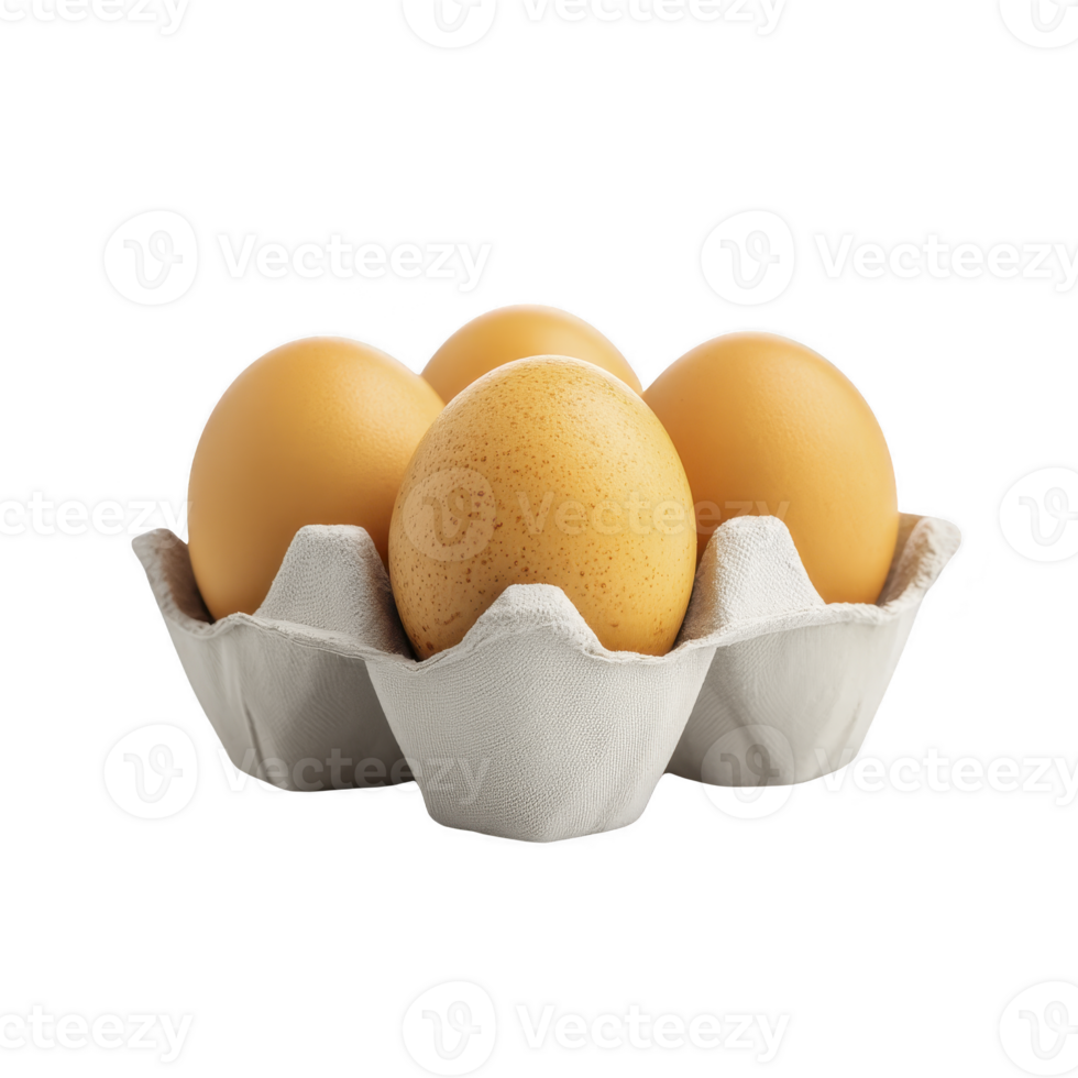 Four brown eggs sit snugly in cardboard carton, showcasing their smooth texture and natural color. simple arrangement highlights freshness and organic quality of eggs png
