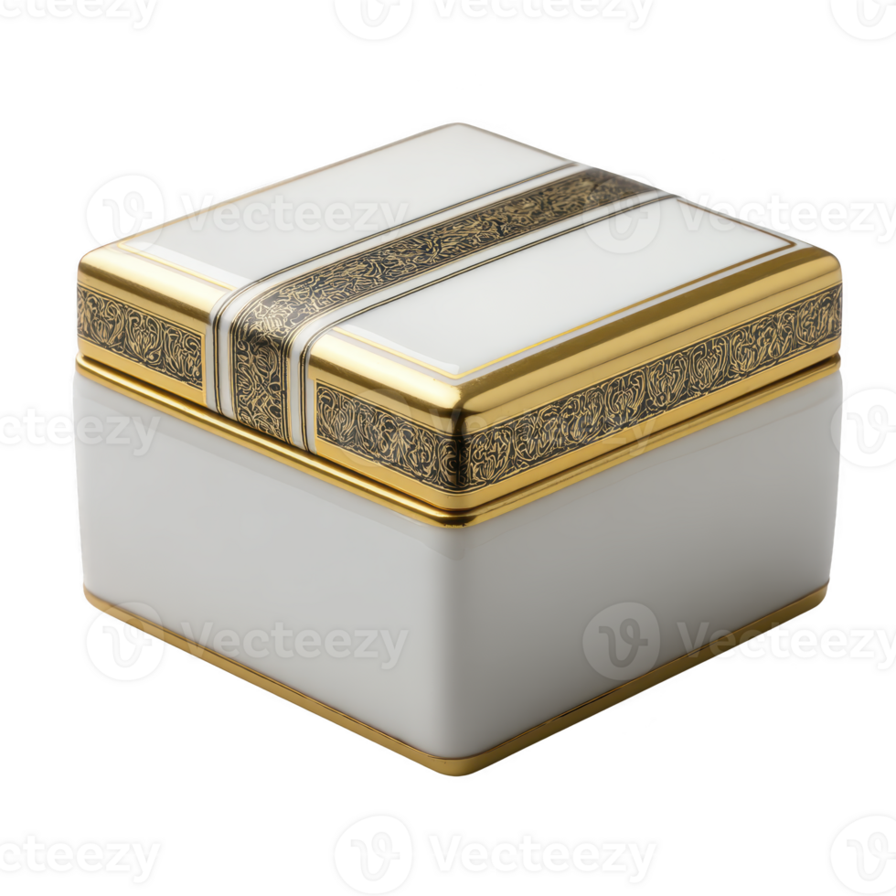 Elegant white and gold decorative box with intricate patterns, perfect for storing jewelry or small treasures. luxurious design adds touch of sophistication to any space png