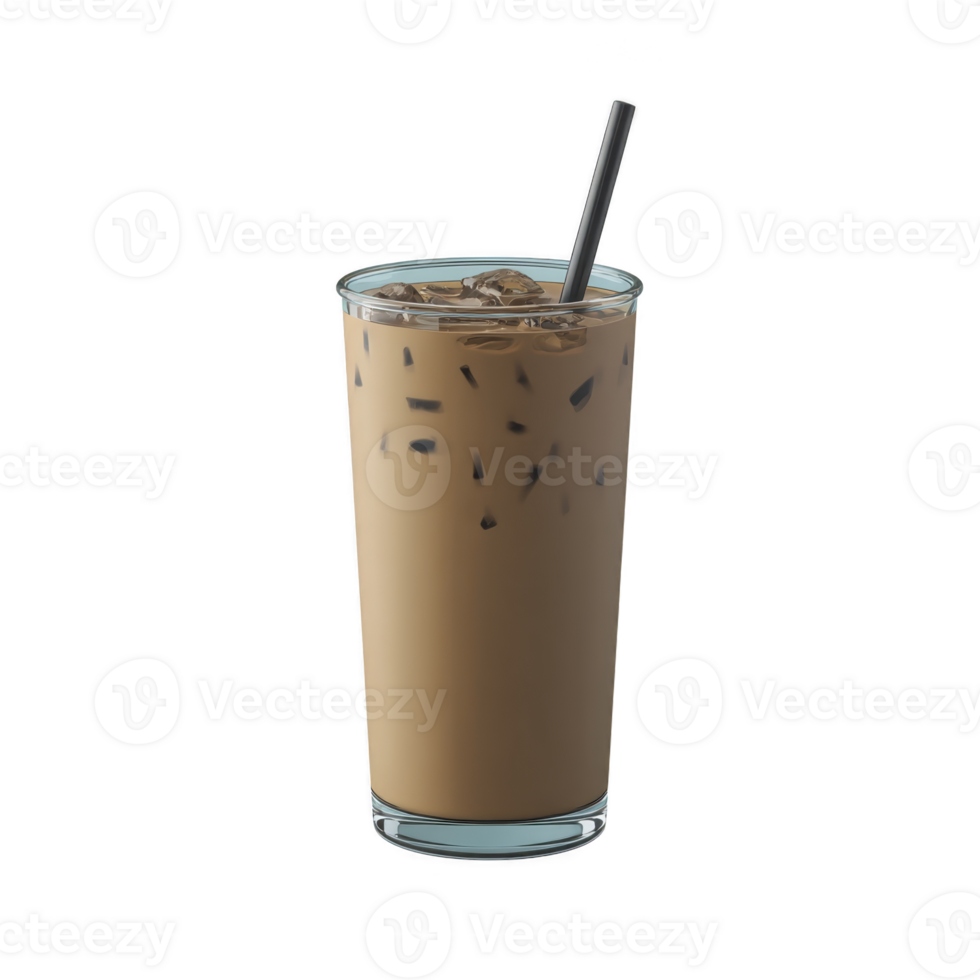 Tall glass of iced coffee with straw, filled with ice cubes, offers refreshing and energizing drink. creamy texture and cool temperature make it perfect for hot day png