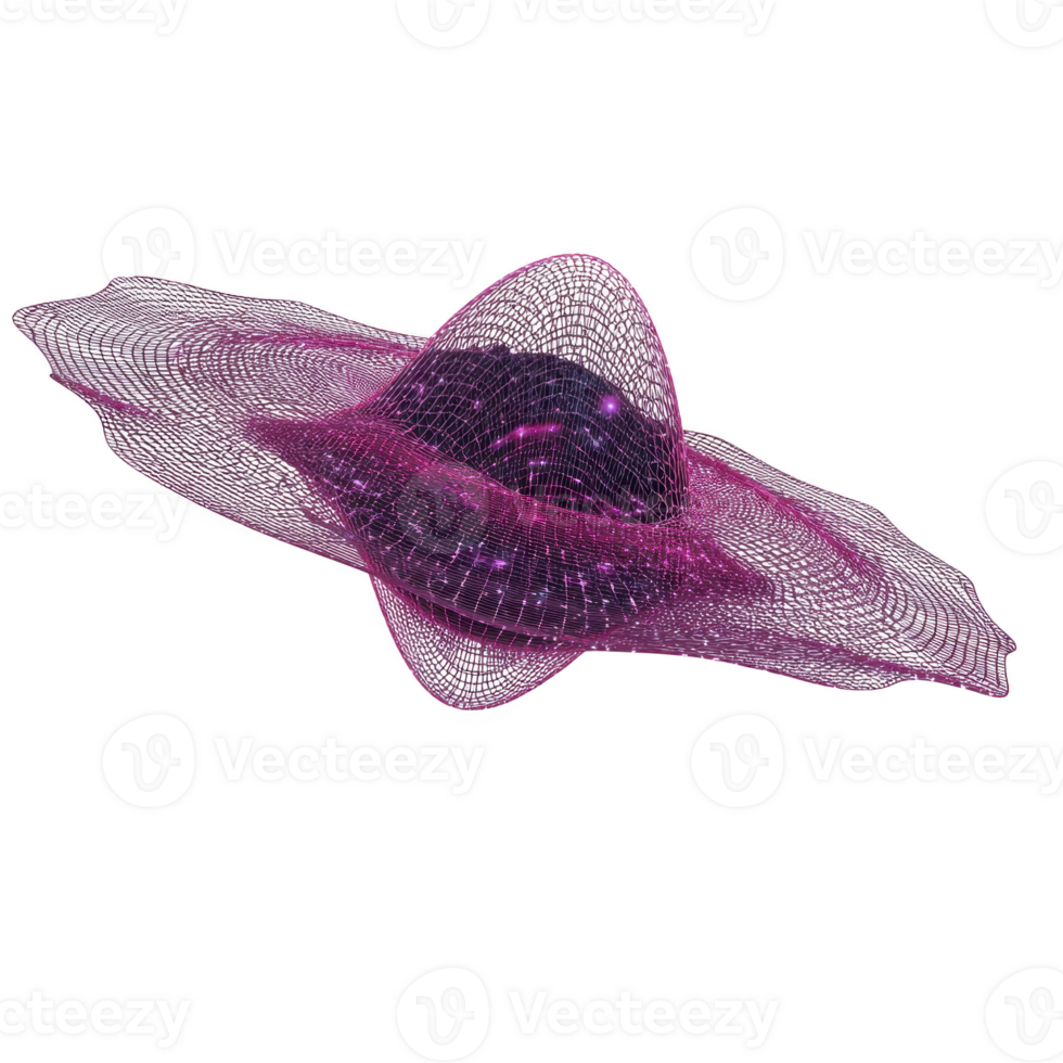 Vibrant, abstract 3D mesh structure in shades of pink and purple, resembling dynamic wave or futuristic landscape, set against transparent background png