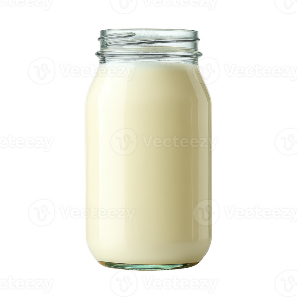 Clear glass jar filled with creamy milk stands against plain background, showcasing its smooth texture and rich color. simplicity of image highlights purity and freshness of milk png