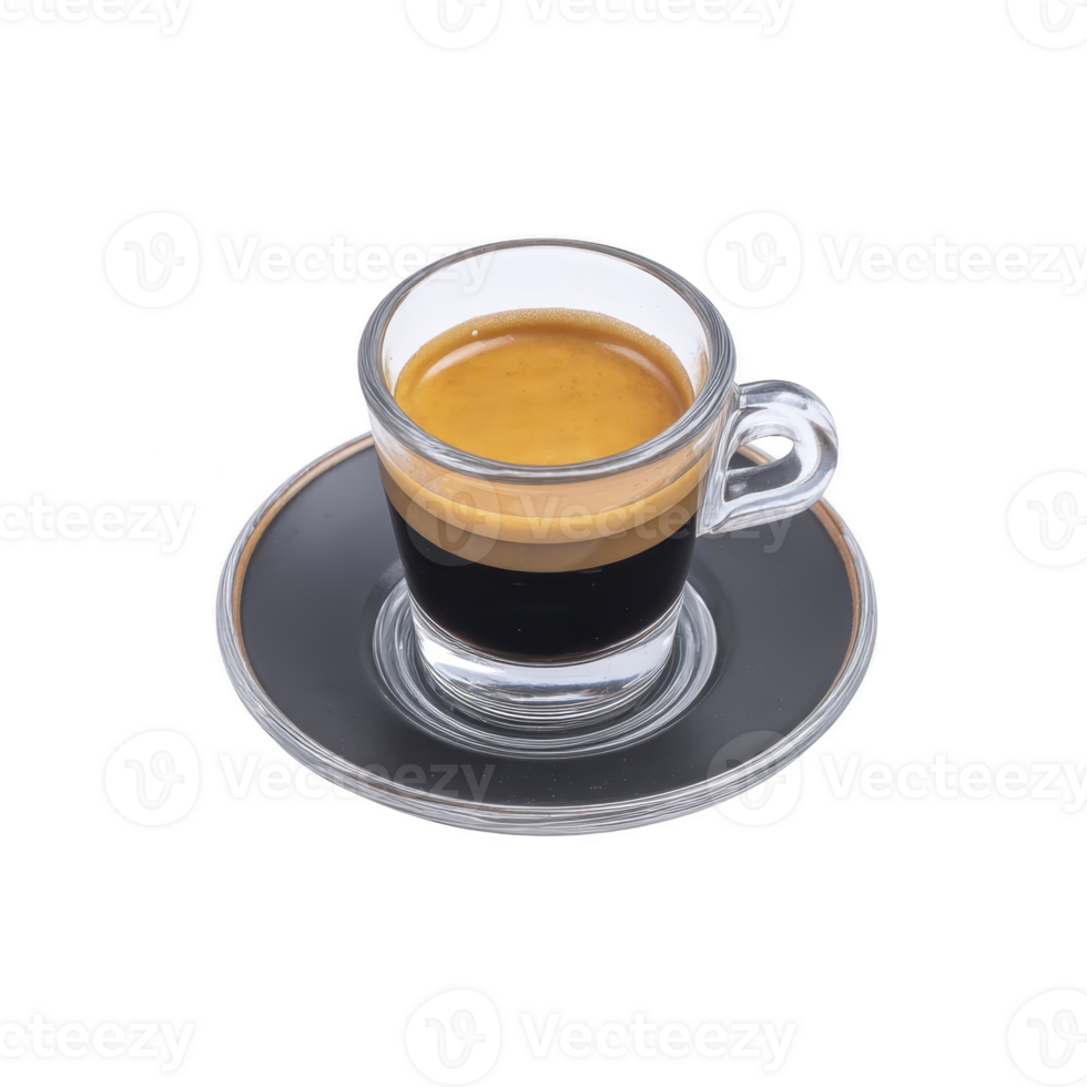 Clear glass cup filled with rich espresso sits on matching saucer, showcasing creamy layer of crema on top. simplicity and elegance of presentation highlight coffee inviting aroma png