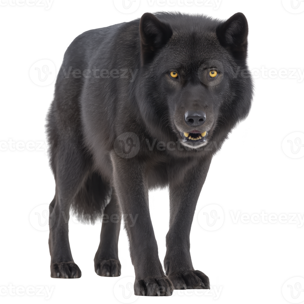Majestic black wolf stands with fierce expression, showcasing its thick fur and piercing yellow eyes. wolf stance is powerful, exuding strength and confidence in its natural habitat png
