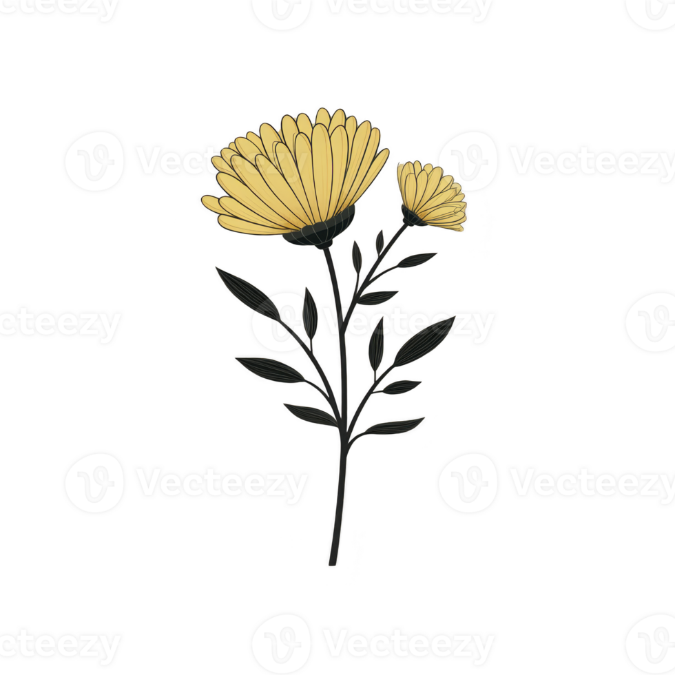 Simple illustration of two yellow flowers with green stems and leaves, set against plain background, evokes sense of calm and nature png