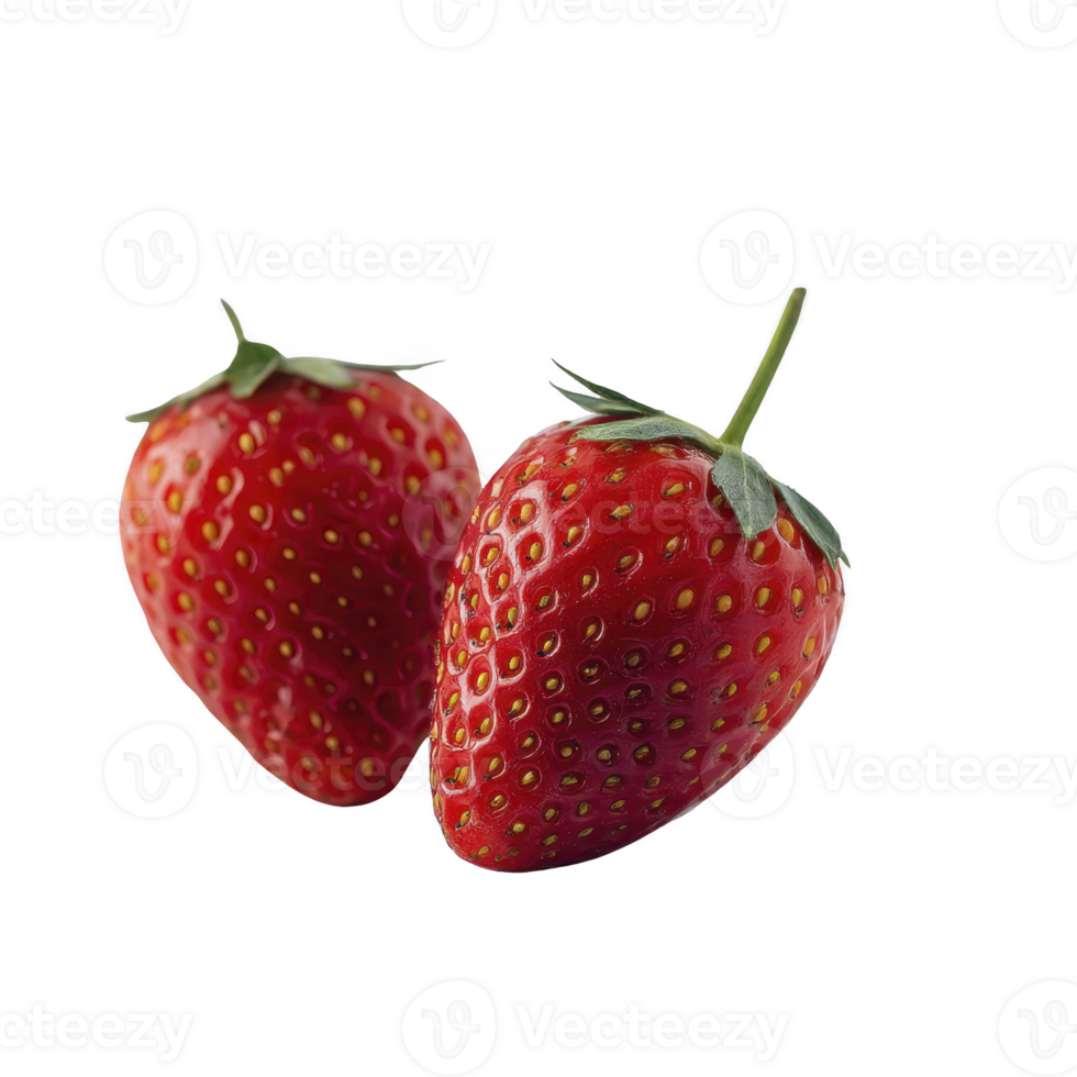 Two fresh strawberries with vibrant red color and green leaves are shown against transparency background, highlighting their juicy texture and natural appeal png