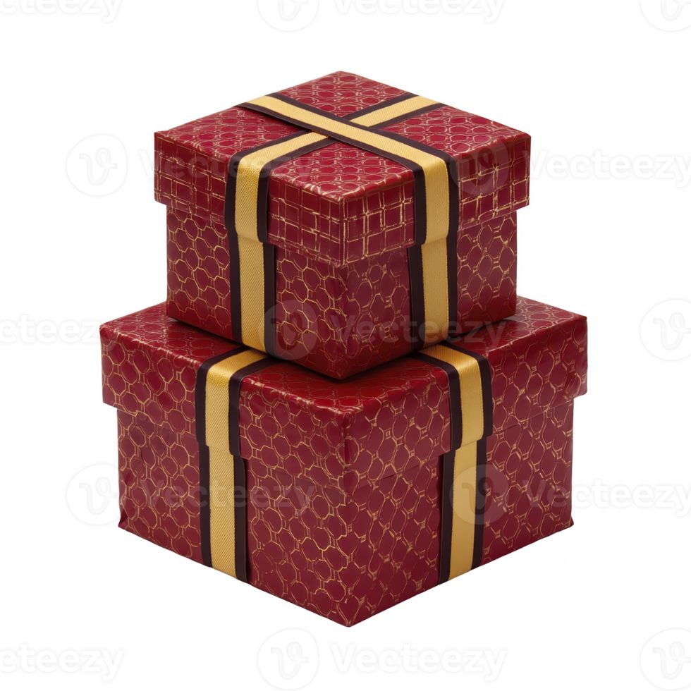 Two stacked red gift boxes with gold ribbon and geometric patterns create festive and elegant presentation. Perfect for celebrations and special occasions png