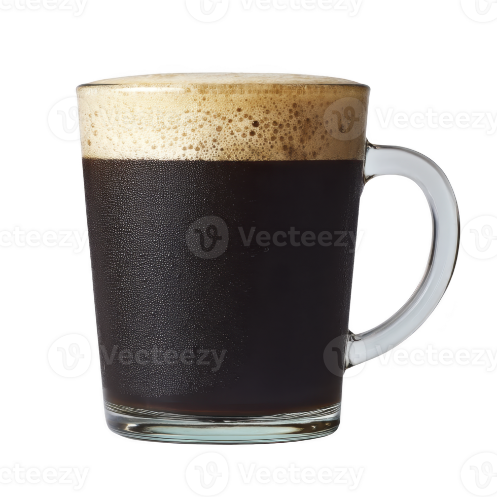Clear glass mug filled with rich, dark coffee topped with layer of frothy crema, creating warm and inviting appearance. simplicity of glass highlights coffee deep color png