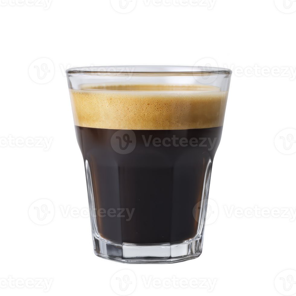 Glass of rich, dark espresso with creamy foam layer on top, served in clear glass, showcasing its deep color and inviting aroma. Perfect for coffee lovers png