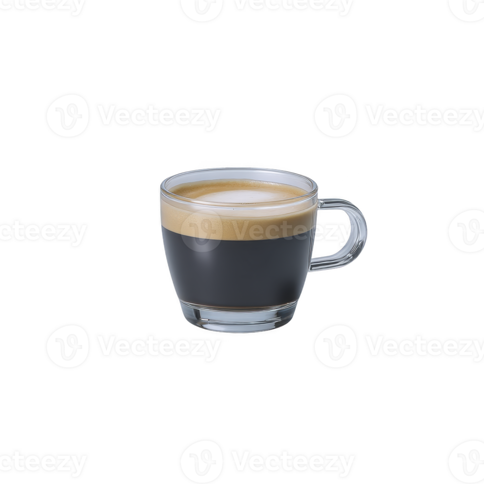 Clear glass cup filled with rich, dark espresso topped with creamy layer of froth, isolated transparency background. simplicity and elegance of presentation highlight inviting aroma and warmth png