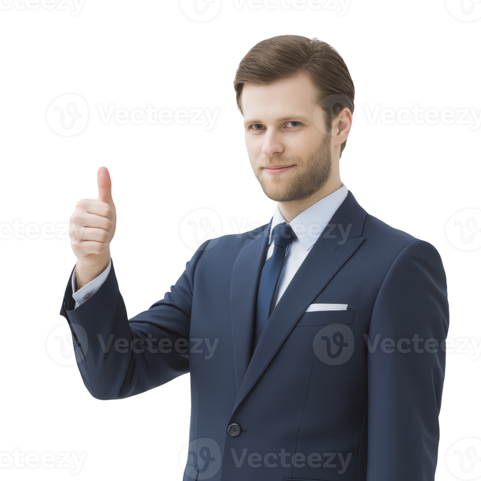 Confident man in blue suit gives thumbs up gesture, expressing approval and positivity. professional attire and gesture suggest success and satisfaction png