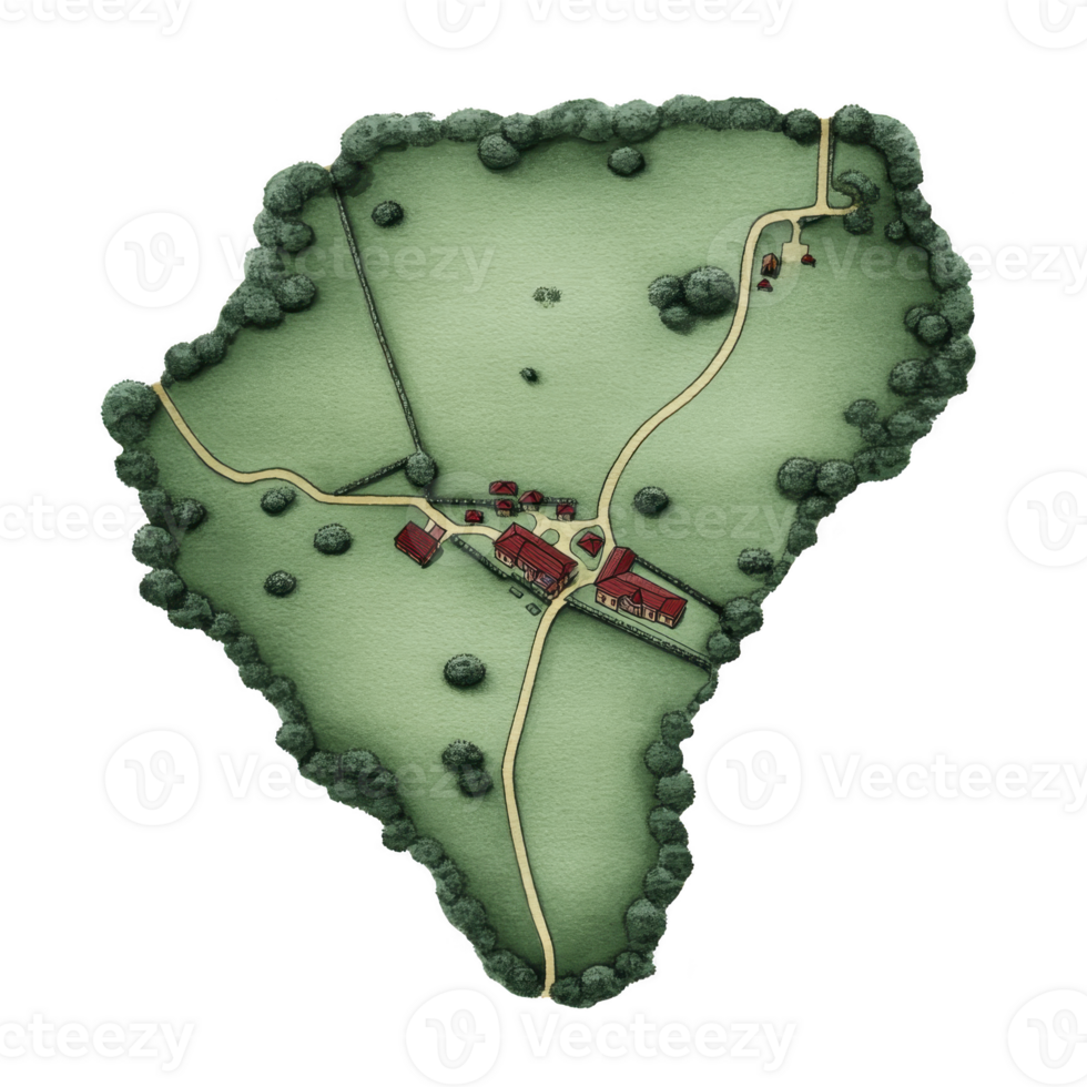 Aerial view of stylized map depicting rural landscape with winding roads, scattered houses, and lush greenery, surrounded by dense trees. illustration conveys peaceful, idyllic countryside setting png