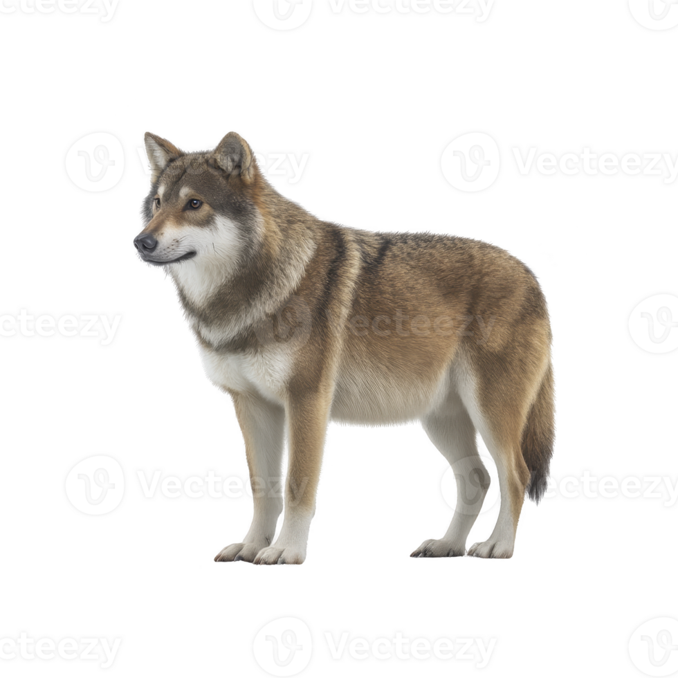 Realistic depiction of standing wolf with thick, brown and white fur coat, showcasing its alert and majestic posture. wolf gaze is focused, exuding sense of strength and grace png
